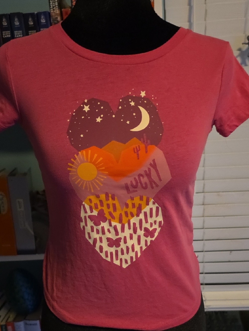 Girls Pink Graphic Heart Patchwork Tee Size S/7